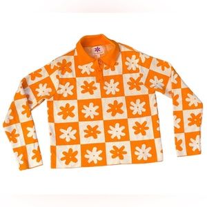 Lisa Says Gah! Orange White Floral Daisy Checked Sweater Collared